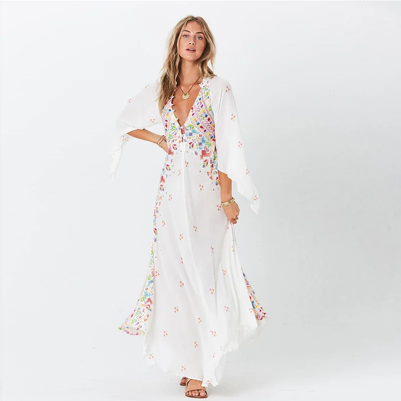 
V Neck Embroidery Maxi Floral Print Dress 
