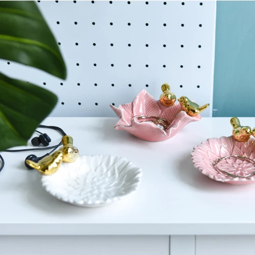 
Ceramic Ring Holder Decor Dish Organizer Tray Birds Jewelry Plate 