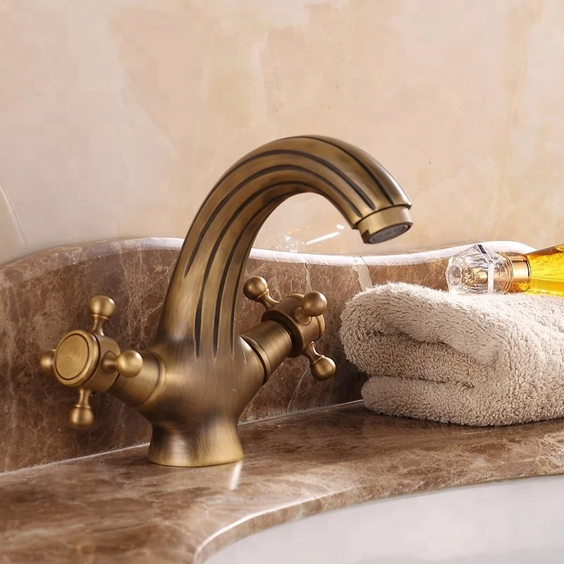 European Style Classic Double Lever Bathroom Sink Taps Antique Brass Basin Faucets XR-GZ-7303