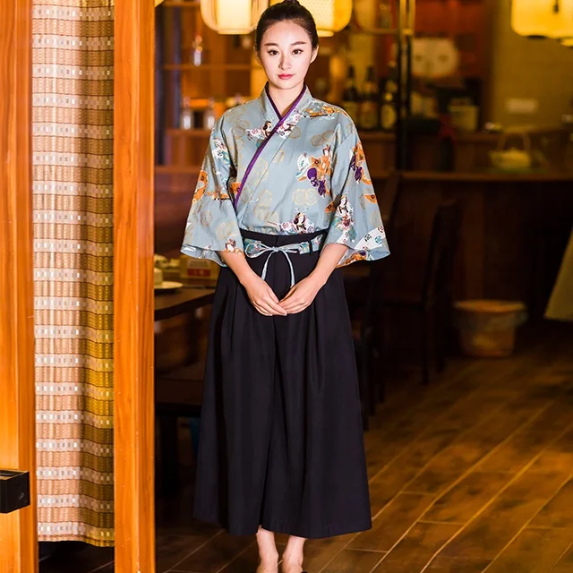 
Japanese Style Vintage Clothes Kimono Style Half Sleeve Uniform Sushi Restaurant Izakaya Waitress Workwear 100%cotton 