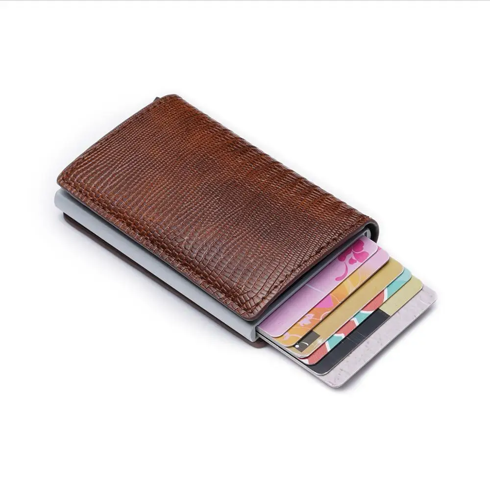 Lizard pattern Leather Aluminum RFID Blocking card holder Wallet -Customized logo Swinging without dropping the card design