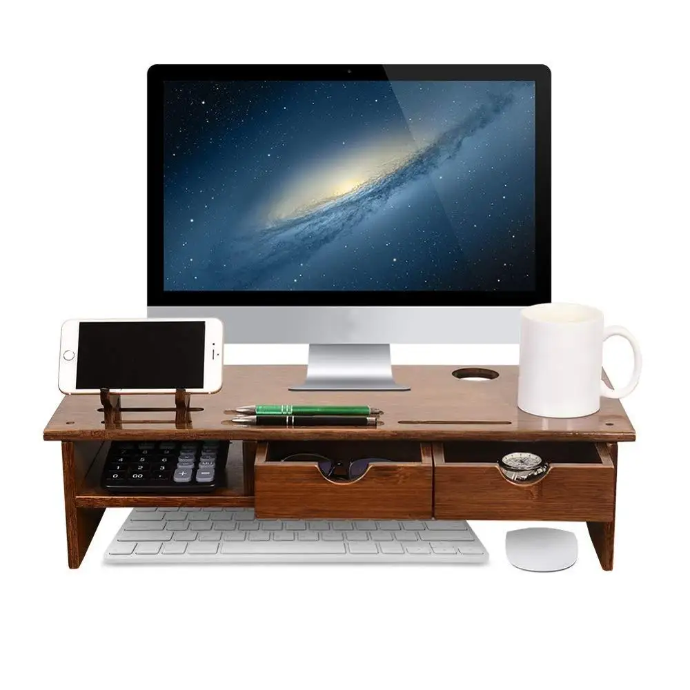 Wood Monitor Stand Ergonomic Computer Riser with Storage Organizer 2 Drawers Desktop Laptop Shelf Risers for Home and Office Use