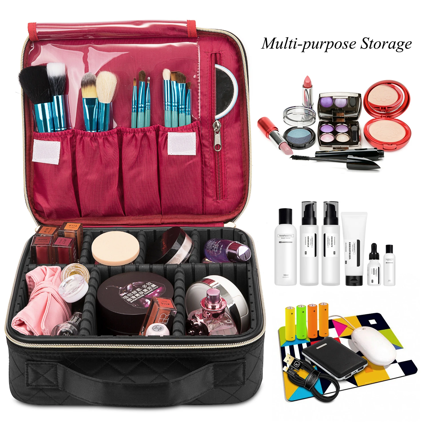 Lokass Eco Friendly Portable Waterproof Makeup Bag Cosmetic Organizer Cosmetic Case Bag  with Handle Adjustable Dividers