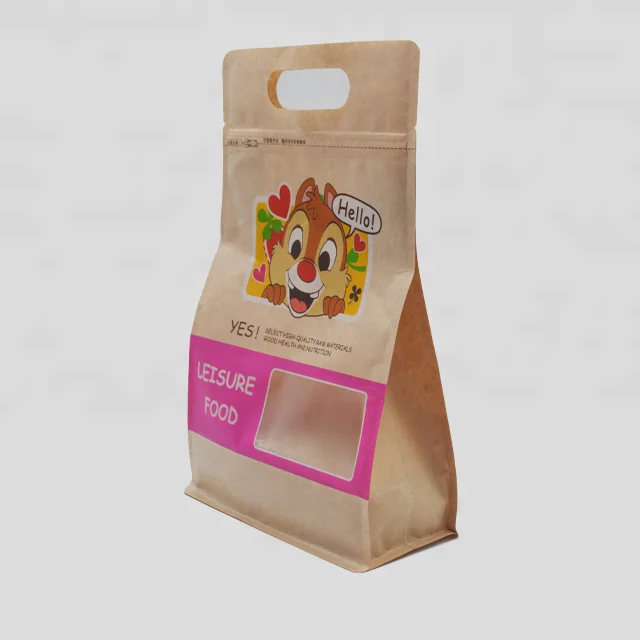 Handle Hole Top Gravures Printed  Recyclable Kraft Paper Square Bottom Plastic Bag