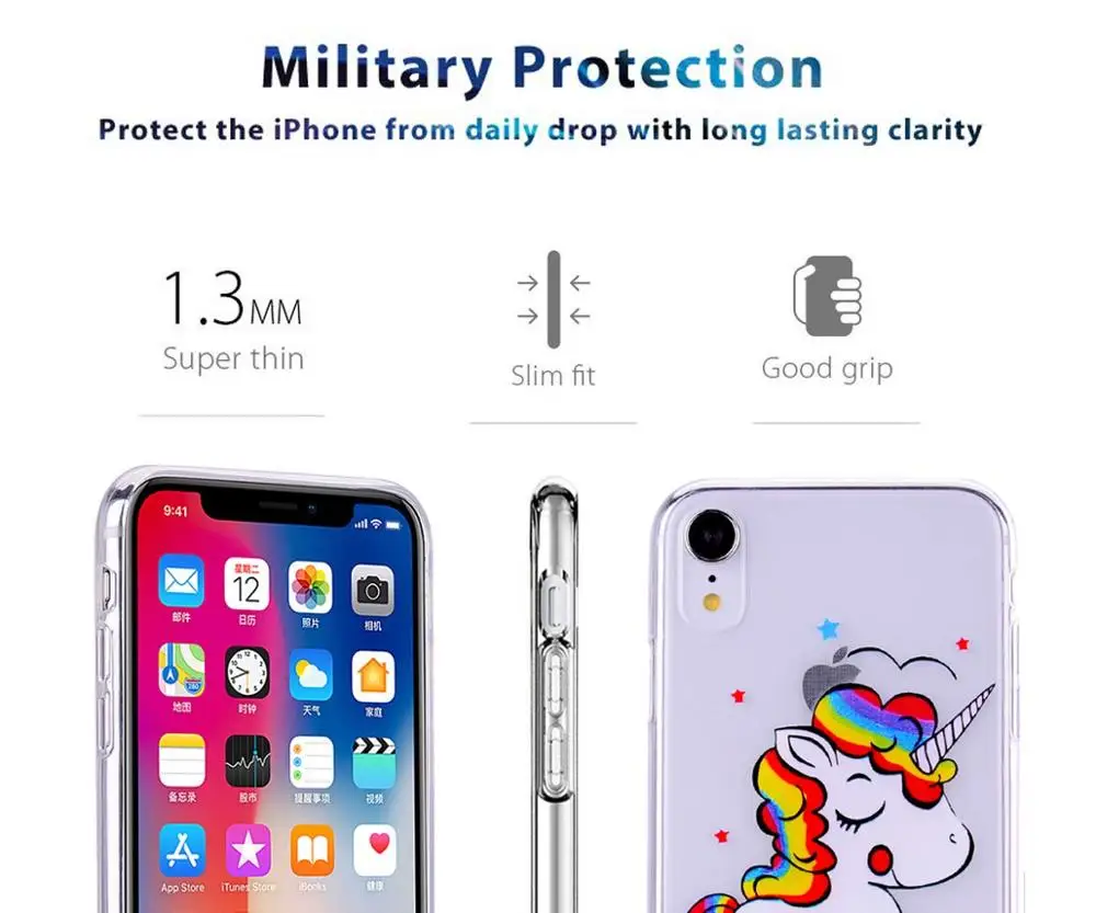On For IMD Printing Unicon Design iPhone XR XS Cute Animal Style Transparent Protective Soft TPU Rubber Phone Case
