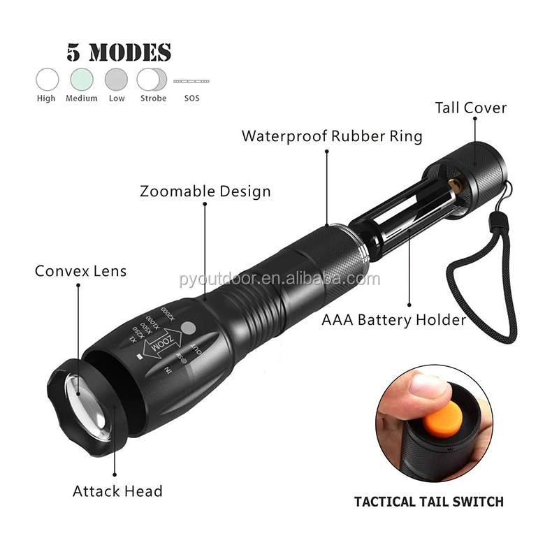 High quality self-defense T6 led bulb 1000lm handheld adjustable waterproof IPX5  rechargeable tactical led flashlight
