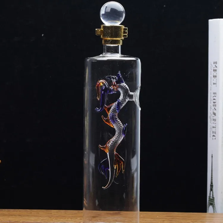 AIHPO06 Manufacture China Unique Decorated Dragon Shaped 750ML Handicraft Blown Glass Liquor Wine Bottles