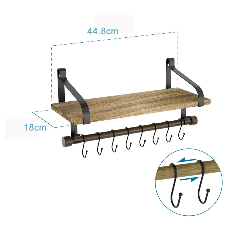 Rustic Kitchen Organizer with Wooden Board And Removable Hooks Organising Cooking Utensils Multi-Use as Spice Rack