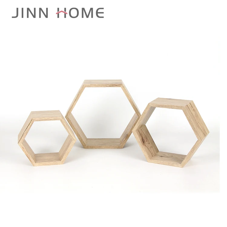 Wood Hexagon wholesale Wall-Mounted 3D Shadow Box frame 3 Sets Floating Display Shelves