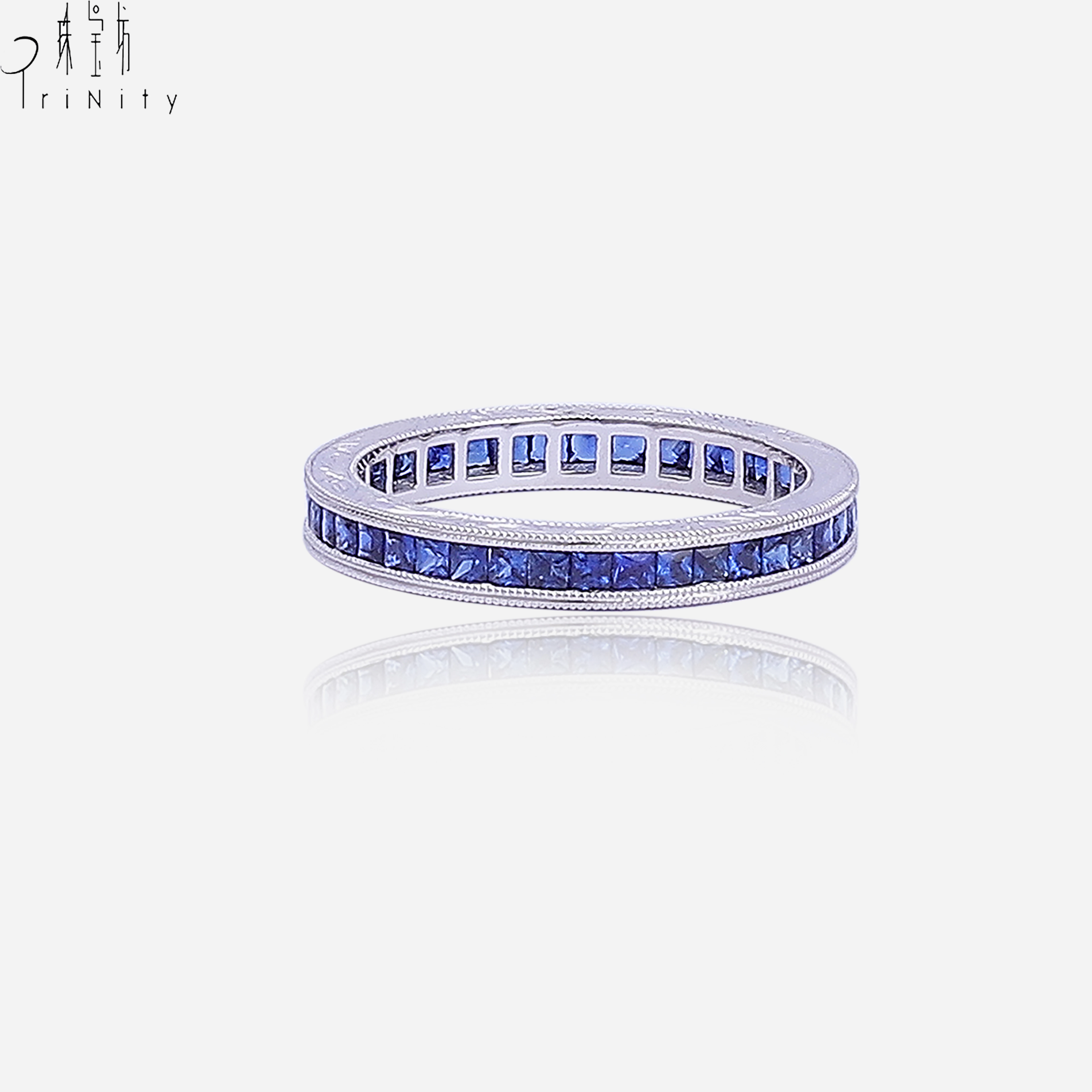 Natural Stone Luxury Jewelry 18K White Gold Eternity Band Ring Princess Cut Sapphire Bague For Ladies