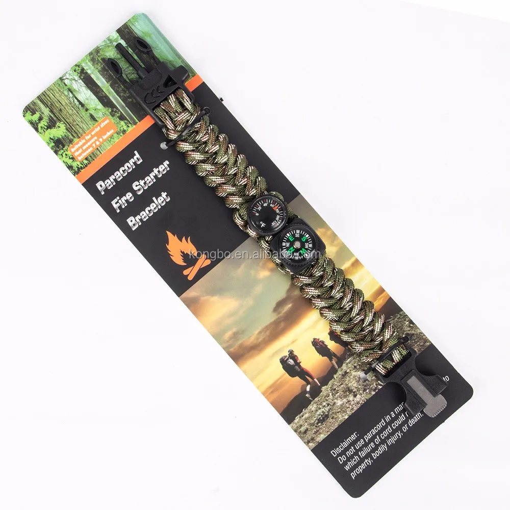 KongBo 6 in 1 outdoor camouflage Flint / Whistle / Scraper/compass/thermometer survival bracelet