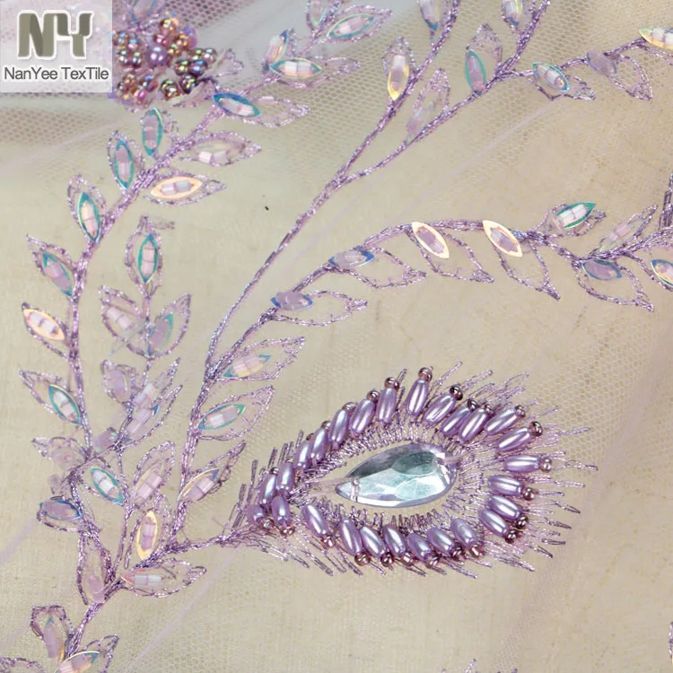 Nanyee Textile Sequin Beads Hand Embroidery On Net Fabric
