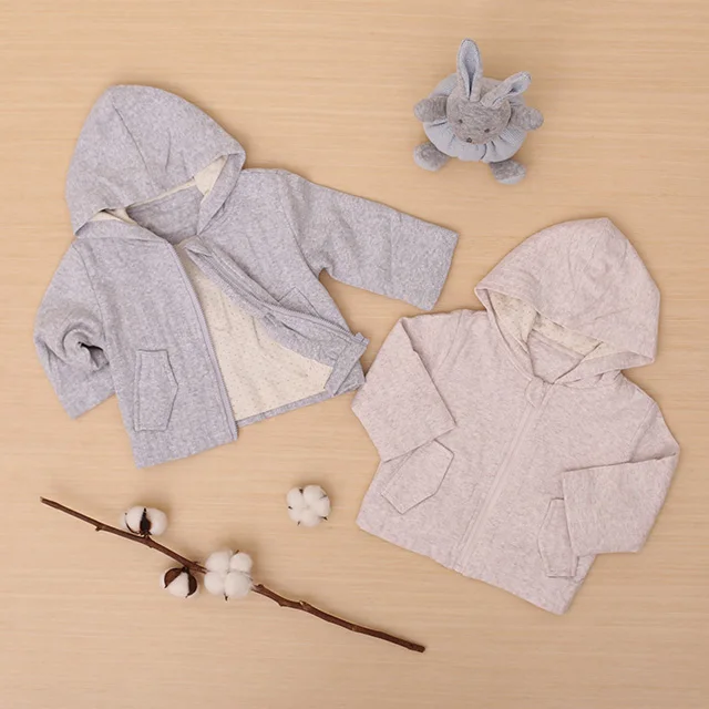 
100% cotton jacquard spring autumn long sleeve baby outdoor zipper coat with hood and pocket 