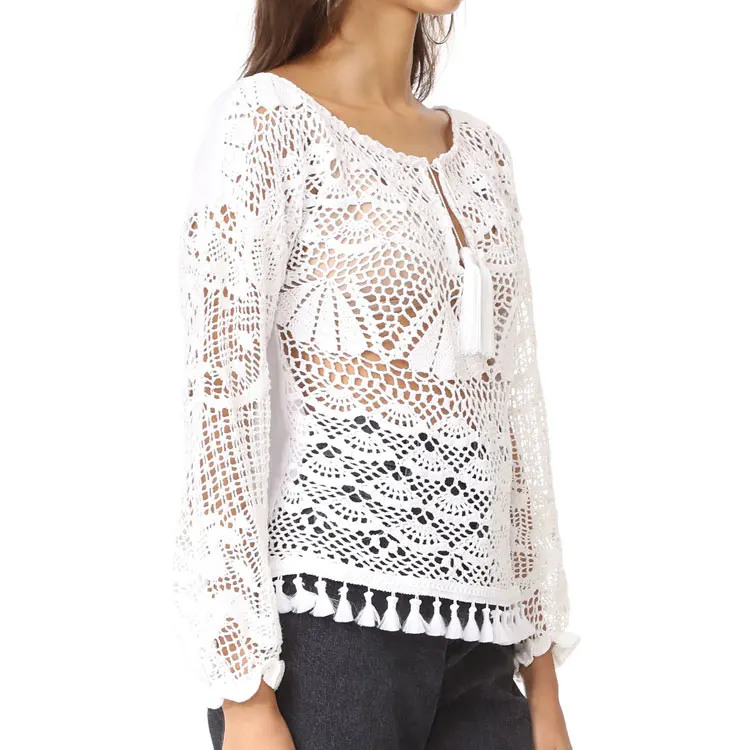 Stylish crocheted front polin back design long sleeve woman white lace net crochet blouse