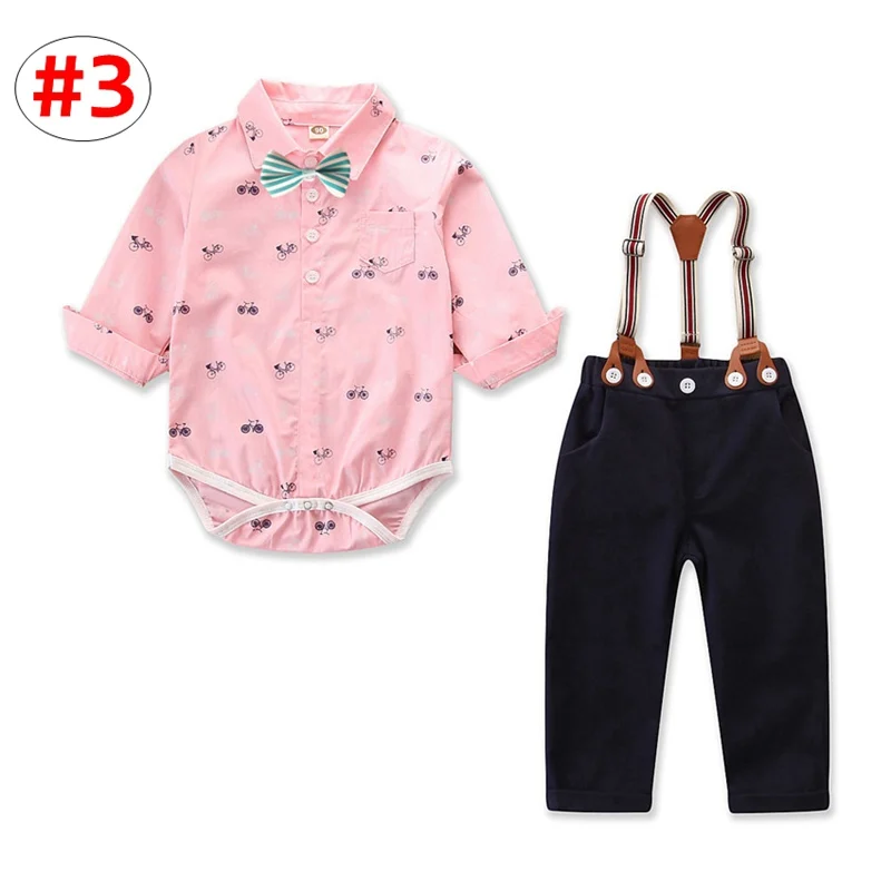
Little gentleman Outfit Toddler Boy Long Sleeve Romper + suspender pant 2pcs Clothing Set 3Colors 4Size for 0-3T 