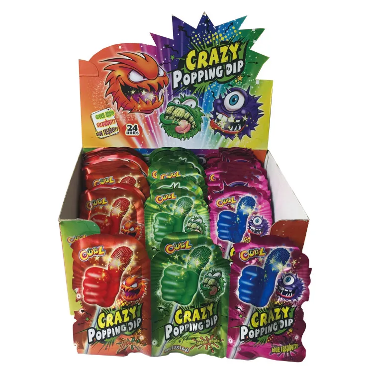 Wholesale 3-PCS OEM Halal Fruit Flavor Thumb Shape Magic Popping candy with lollipop on display box