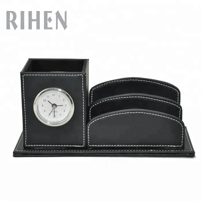 Офисный Настольный кожаный держатель для ручек, органайзер с часами