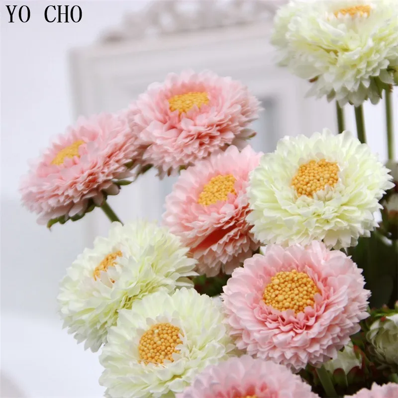 
YO CHO Party Home decoration mini silk artificial flower green leaves Long stem decorative chrysanthemum silk artificial flowers 