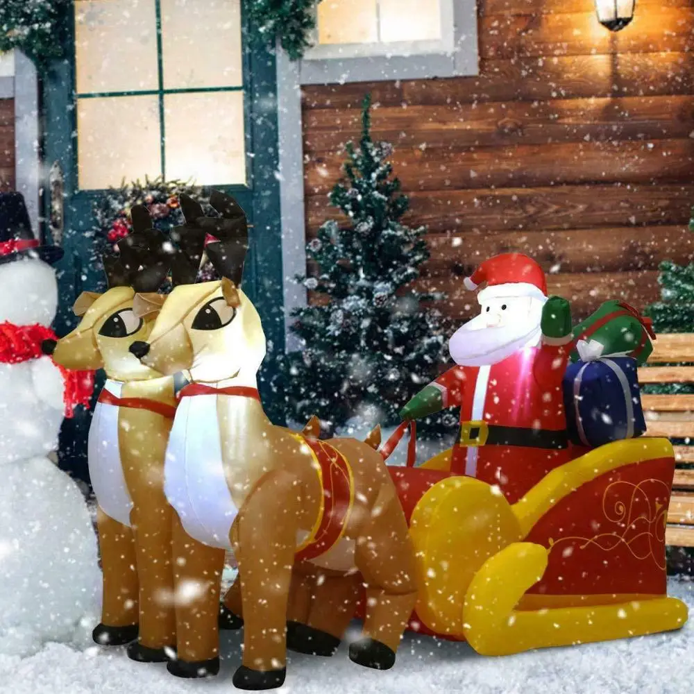 Long Christmas Inflatable Santa on Sleigh 2 Reindeer Yard Decoration Supplies