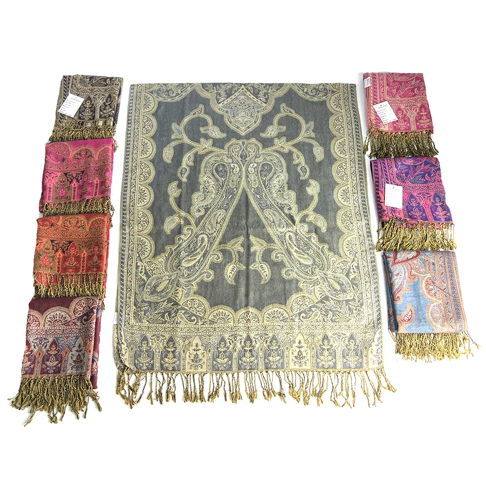 Newest pashmina hot saling shawl silk jacquard fashionable women scarf with fringe