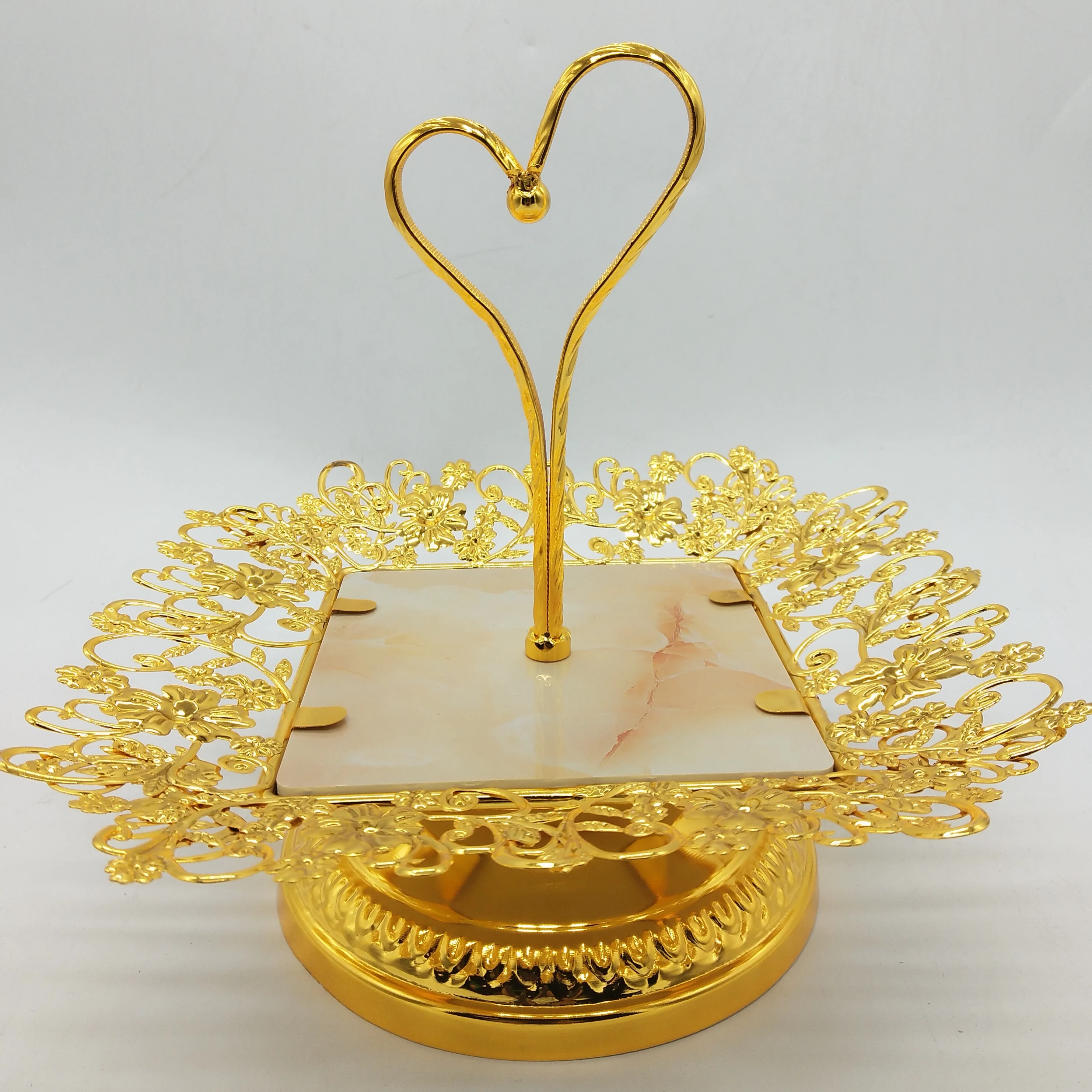 Best selling 3-Tier marble plate decorated with gold metal for  Mini cake fruit candy Display shelf