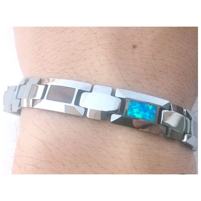 Custom Make Koa Wood And Blue Opal Inlay Tungsten Carbide Bracelet