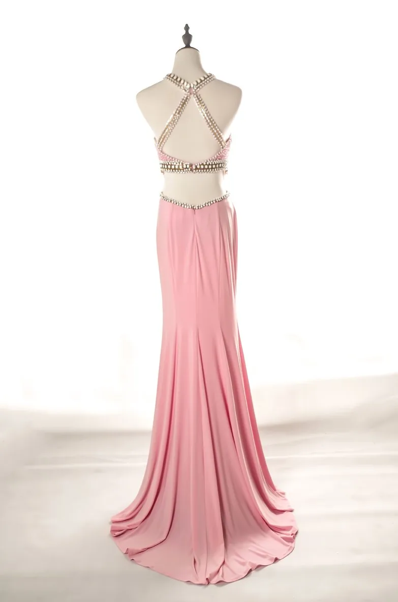Modern Dubai luxury long ball gown beaded pink halter evening dresses