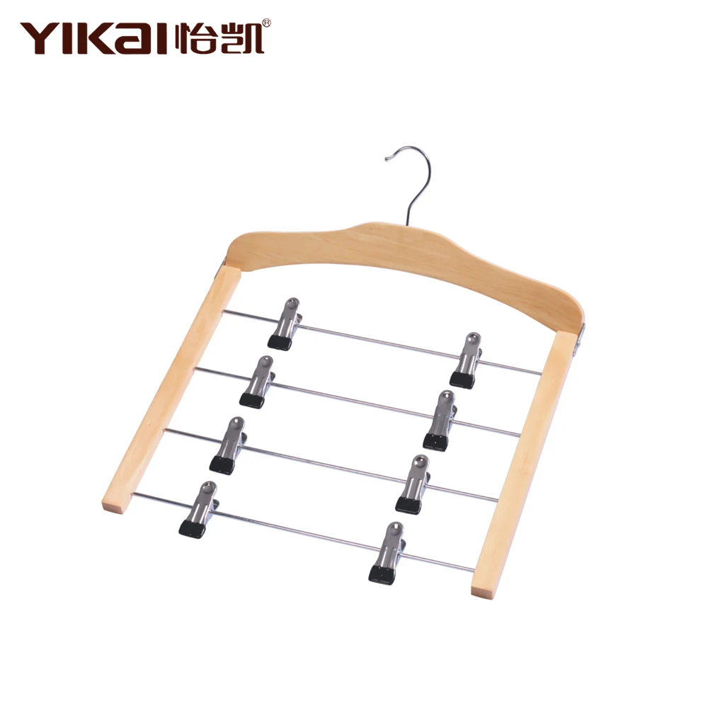 YIKAI Space-saving 4 Tiers Movable Metal Clips Wooden Skirt Hanger