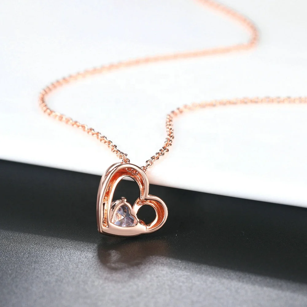 Woman fashion environmental copper jewellery beautiful rose gold color cz diamond necklace with heart shape pendant N056
