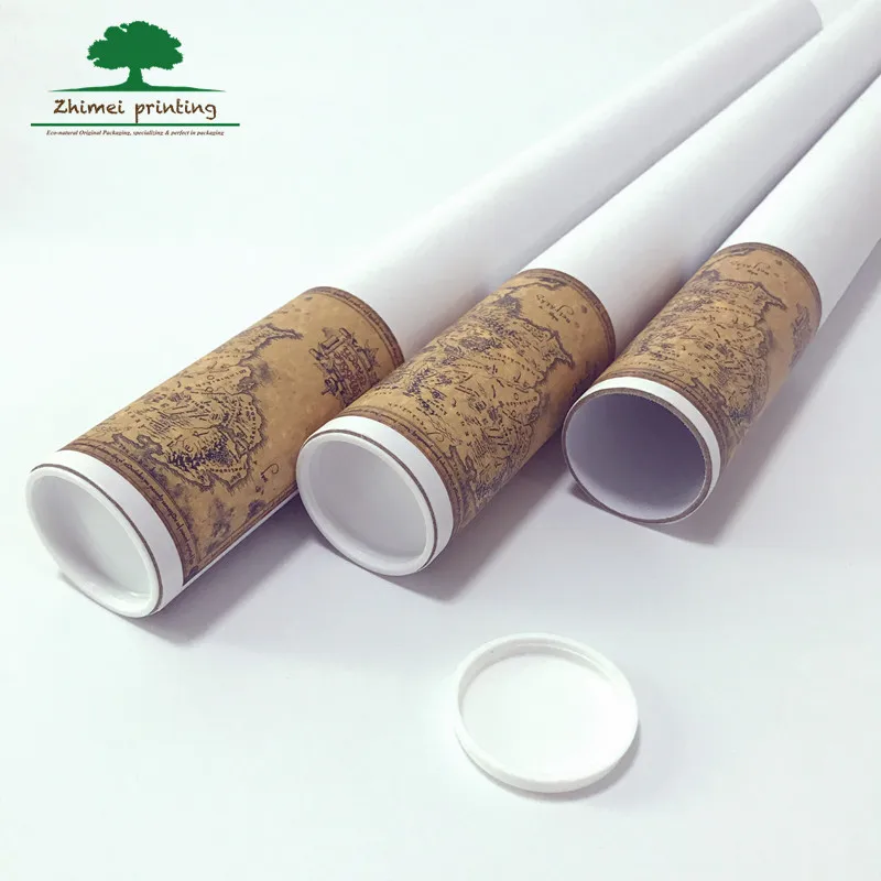 2mm thickness cardboard kraft paper cardboard shipping tube poster paper tube with white plastic end cap