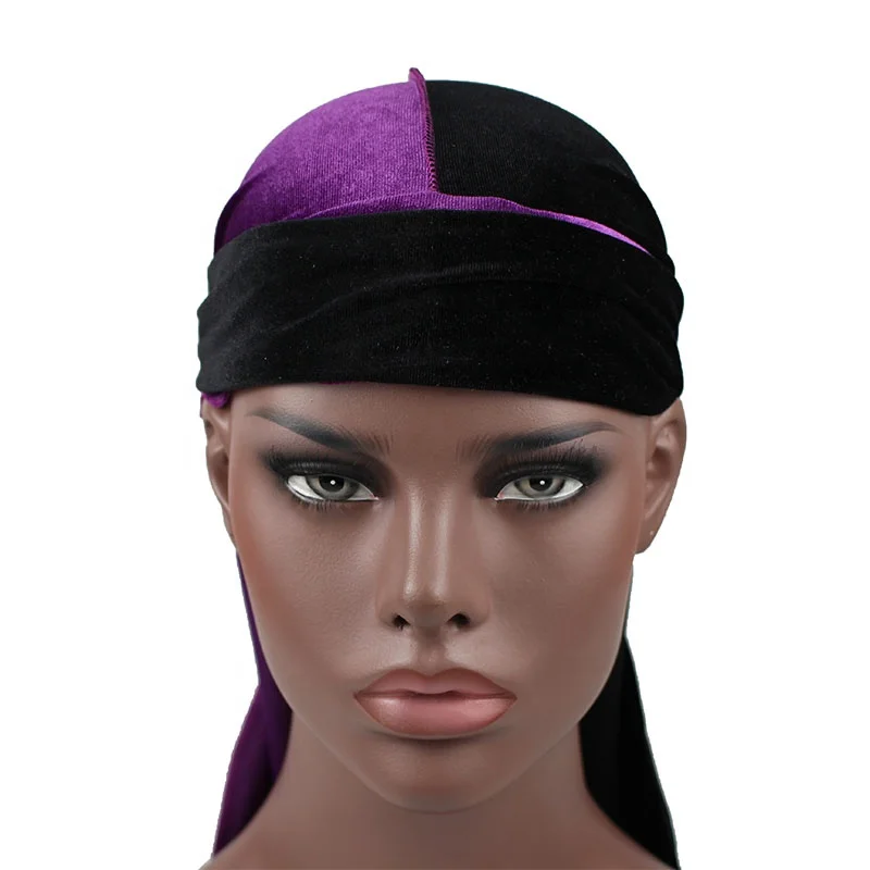
Men Two Tone Velvet Durag High Quality Long Tail Velvet Durags Wave Cap Bandanas Custom Durag 