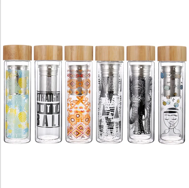 customer stainless steel infuser  bamboo lid double wall borosilicate glass  water bottle