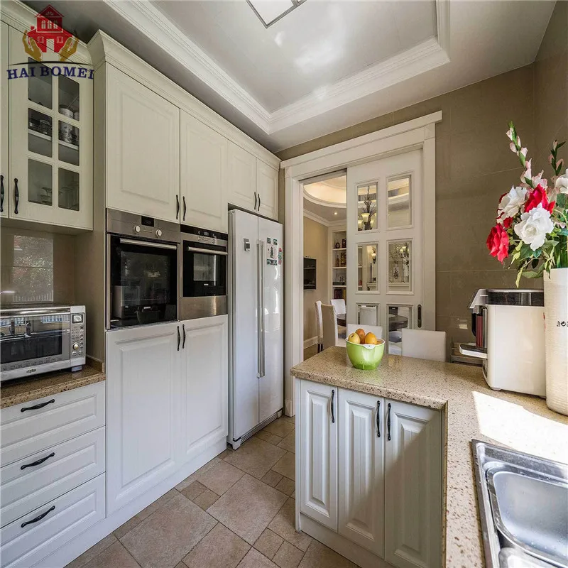 
China Bomei Factory Shaker Style PVC Freestanding L Shaped Modular Pantry Kitchen Cabinet 