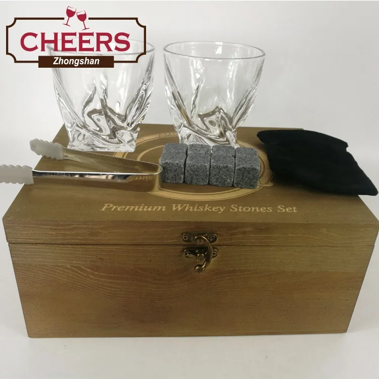 Premium Whiskey Stones and Whiskey Glasses Gift Boxed Set, 8 Granite Chilling Whisky Rocks with Ice Tong and Pouch in Wooden Box