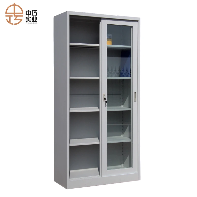 Hot Sale Steel Frame Glass Sliding Door Rolling Filing Cabinet with 4 Shelves Office Cupboards Design
