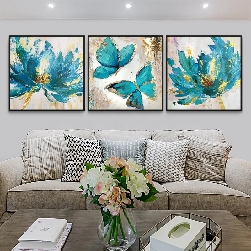 3 Panels Impression Wall Art Decor Blue Butterfly Flower hand painted canvas oil painting for decoration