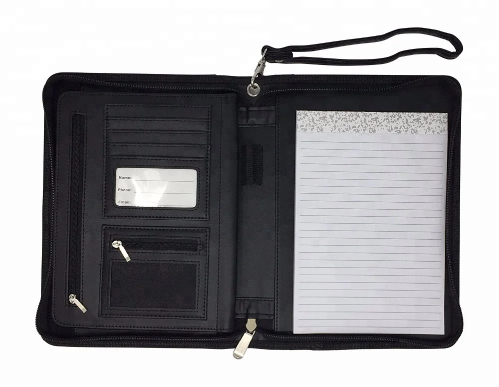 Professional Black PU Leather Portfolio Binder Organizer Zippered Portfolio Folder