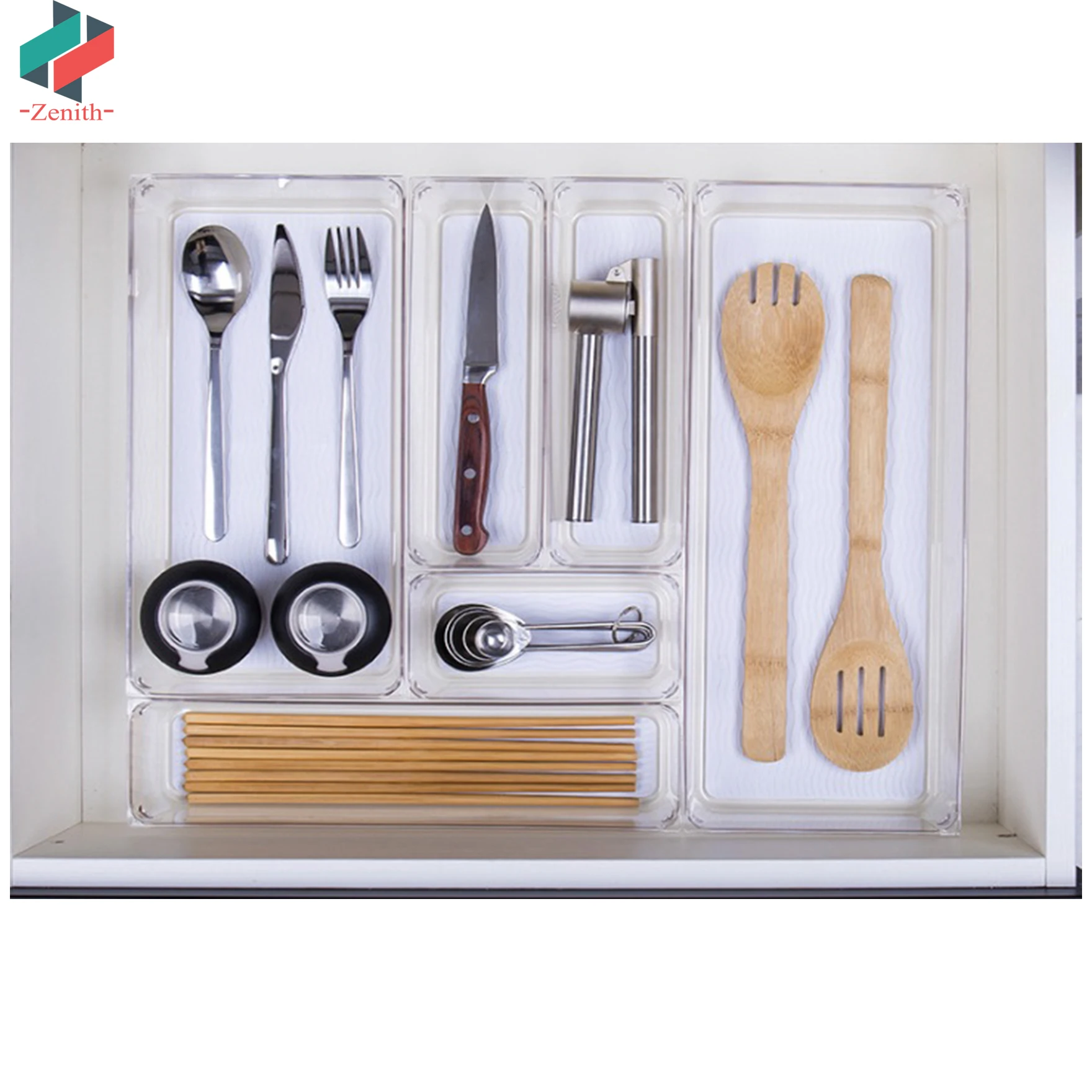 
ZNF00047 Customized Clear Small Plastic Cabinet Closet Office Suppliers Organizer Kitchen Drawer Cutlery Tray for Utensils 