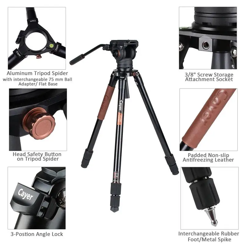 2018 portable tripod holder Cayer AT3360K5A professional tripod  for video cameras