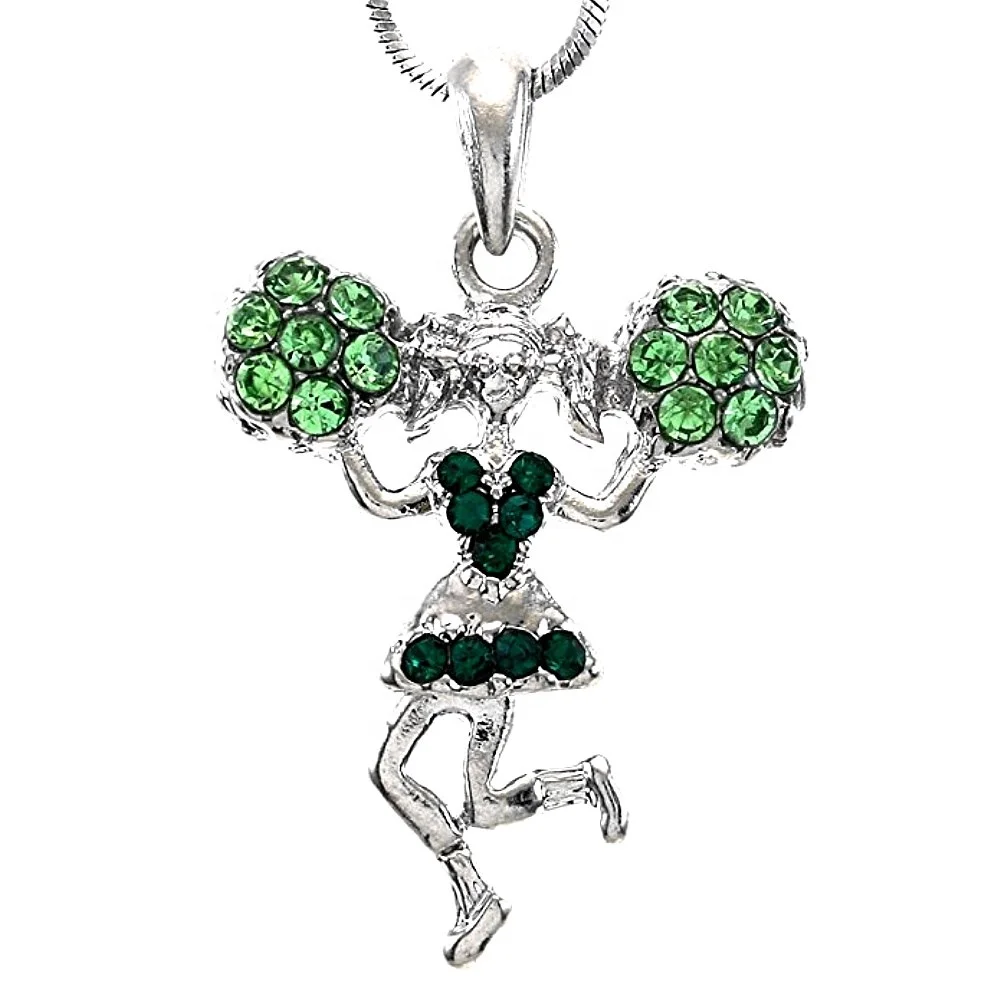 Metal Inlaid Cheerleader Pom Majorette Dance Pendant Necklace In Snake Chain For Cheering Girl Women Souvenir Gift Jewelry