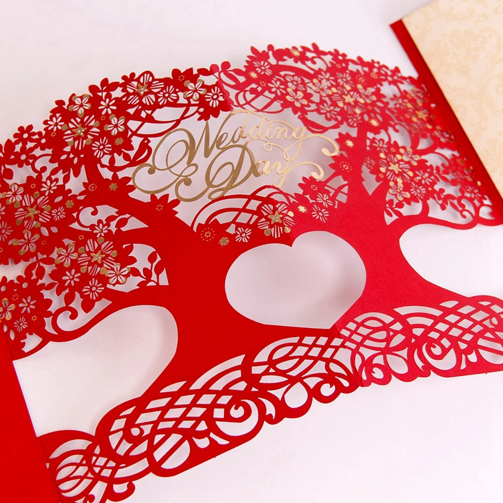
Laser Cut Tree Wedding Invitations Cards Personalized Customized Printing with Envelope Red and Gold Color 