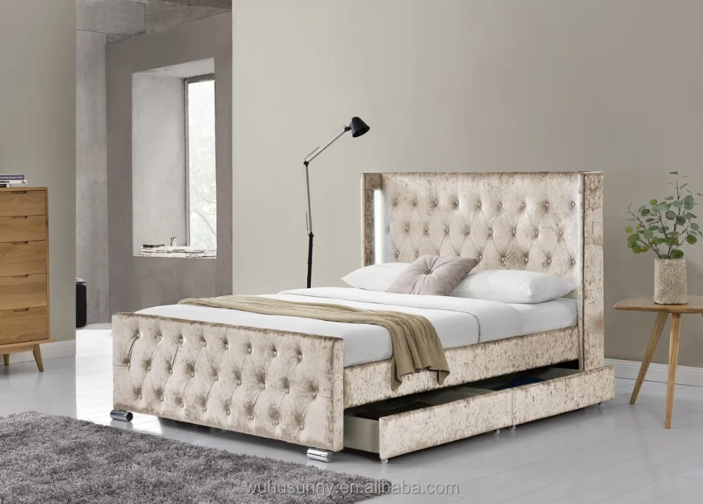 Tall headboard velvet fabric storage LED bed