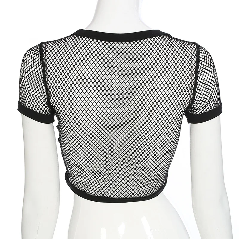 ZH3592G Sexy Black Mesh Women Crop Tops Wholesale O Neck Short Sleeves Short Fashion Girls T Shirts Transparent Blouses