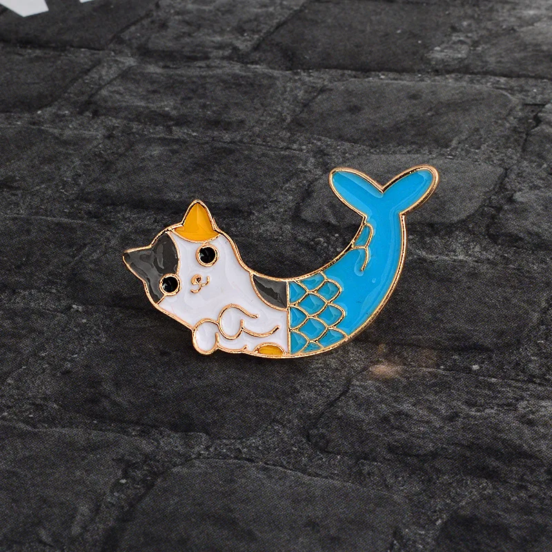 Mermaid Enamel Pin needle Half cat and half fish Cartoon cute animal badge Shirt cowboy hat backpack pins buckle