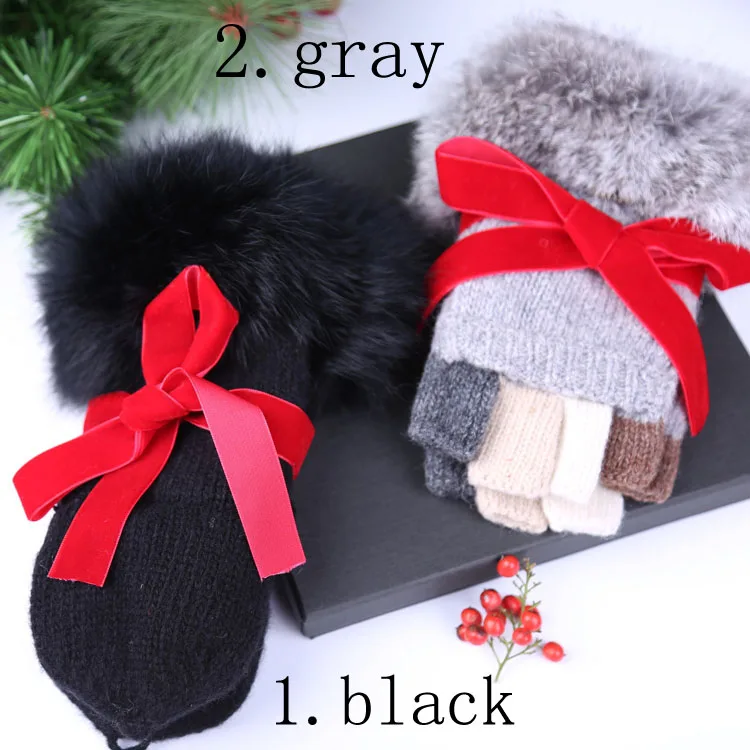 
Luxury Rabbit Fur Trim Multifunctional Cover Colorful Fluffy Wool Knitted Half Finger Gloves Mittens For Women Winter 