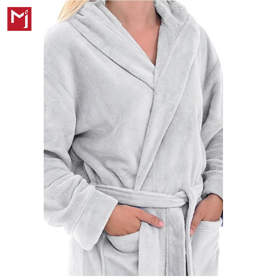 
Womens Fleece Robe, Long Hooded Bathrobe 