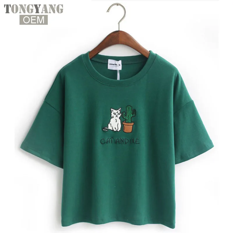 TONGYANG t shirt women Korean style t-shirt tee kawaii cat embroidery cotton tops shirt camiseta feminina hot sales