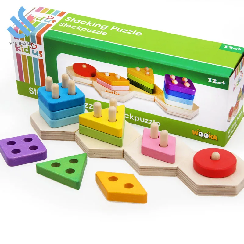 YF-Z6009 colorful wooden educational preschool toddler toys geometric shape color sorting puzzle stacking blocks toy