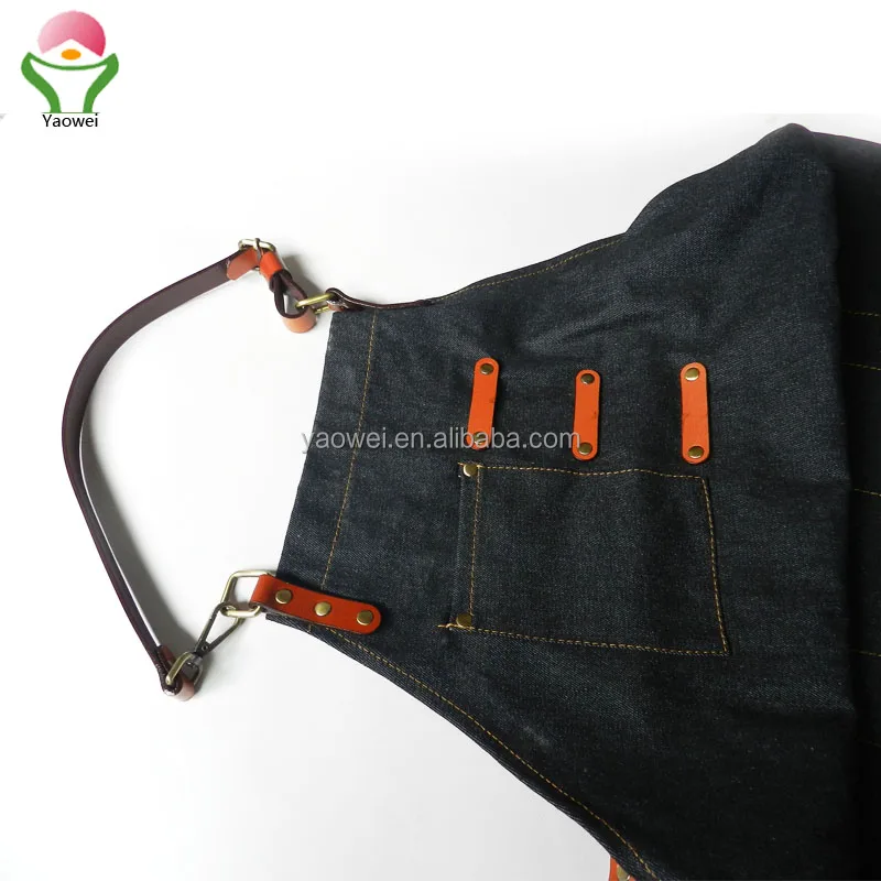 newest custom high quality cooking cotton jeans apron with tool pouch Denim Apron