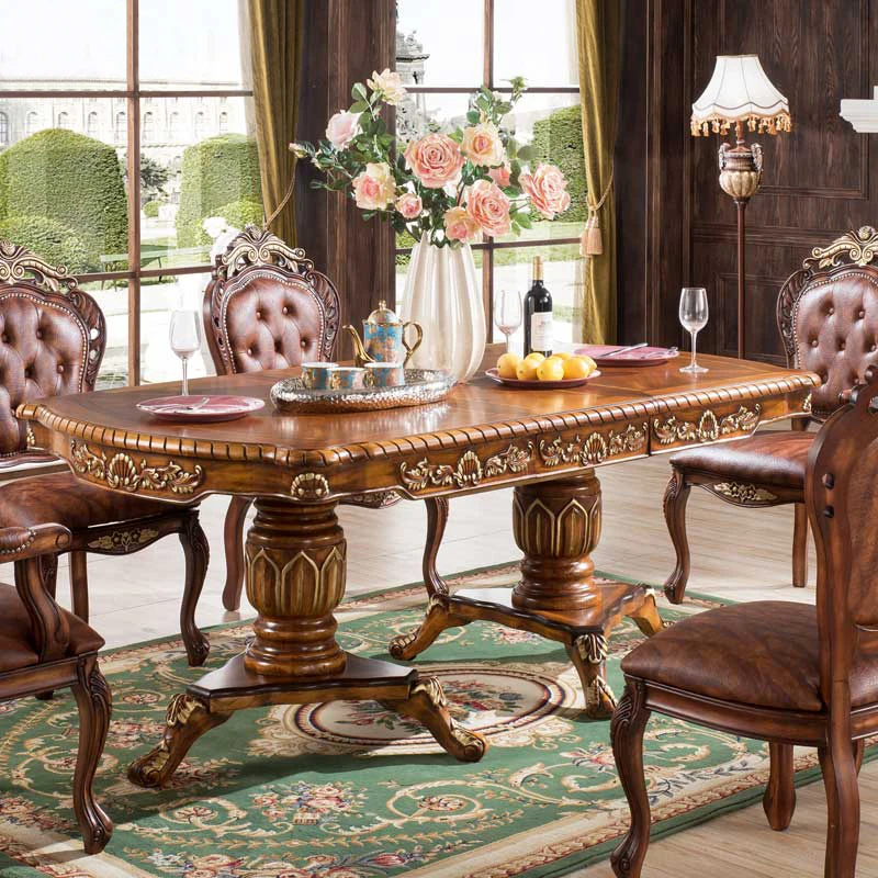 2.5m long American antique brown color dining table and chairs set